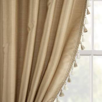 Luxury Regency Faux Silk Two Tone Tassel Window Curtain Panels Taupe 52x84 Set
