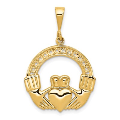 Black Bow Jewelry 14k Yellow Gold Polished & Satin Claddagh Pendant, 21mm (13/16 inch)