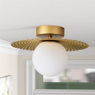 PAKOKULA 1-Light Golden Diffuser Semi-Flush Mount Ceiling Light with Metal Pleated Shade and White Glass Shade