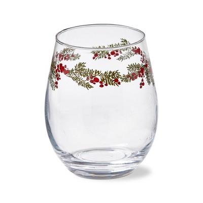 tag 18 oz. Farmhouse Christmas Holly Berries Leaves Glass Stemless Wine Drinkware Dishwasher Safe Beverage Glassware Dinner Party Wedding