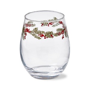 tag 18 oz. Farmhouse Christmas Holly Berries Leaves Glass Stemless Wine Drinkware Dishwasher Safe Beverage Glassware Dinner Party Wedding - 1 of 3