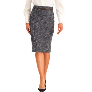 Allegra K Women's Tweed Belt High Waist Slit Back H Line Office Skirt - 1 of 4