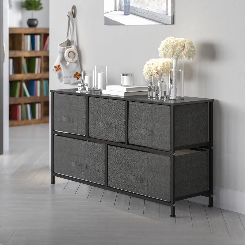 Emma and Oliver 5 Drawer Storage Chest with Wood Top & Dark Fabric Pull Drawers, 2 of 10