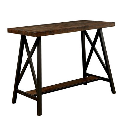 Counter height table with angled metal legs and wooden top