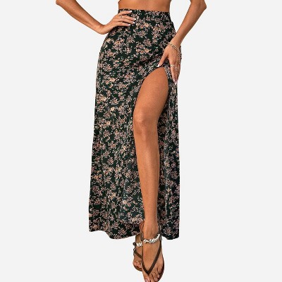 Women's Floral Straight Boho Side Slit Long Skirt - Cupshe - Green : Target