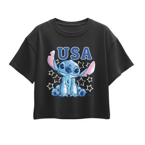 Girls' Disney USA Stitch Stars Short Sleeve Boxy Graphic T-Shirt - Black - Medium - 1 of 2