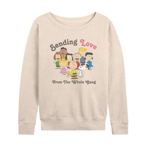 Women's - Peanuts - Gang Sends Love Lightweight French Terry Wide Neck Long Sleeve Shirt - 1 of 4