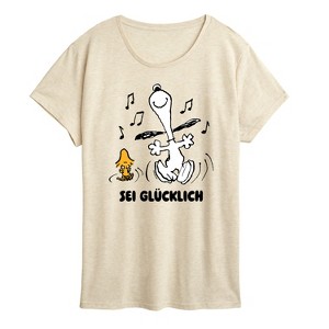 Women's - Peanuts - Snoopy and Woodstock Be Happy German Short Sleeve Graphic T-Shirt - 1 of 4
