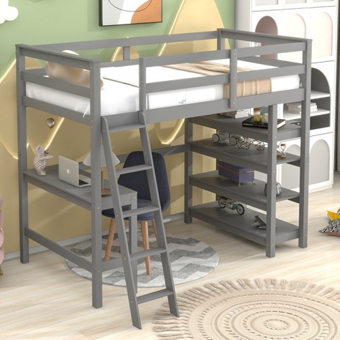 Twin Wood Slat Loft Bed with Desk and Ladder - AptDeco