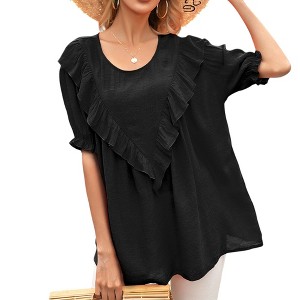Anna-Kaci Women's Short Sleeve Loose Fit Blouse with Ruffle Trim and Round Neckline - 1 of 4