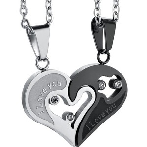 Couple Matching Necklace Set - Stainless Steel Heart Puzzle Pendant with CZ (His & Hers)" - 1 of 4