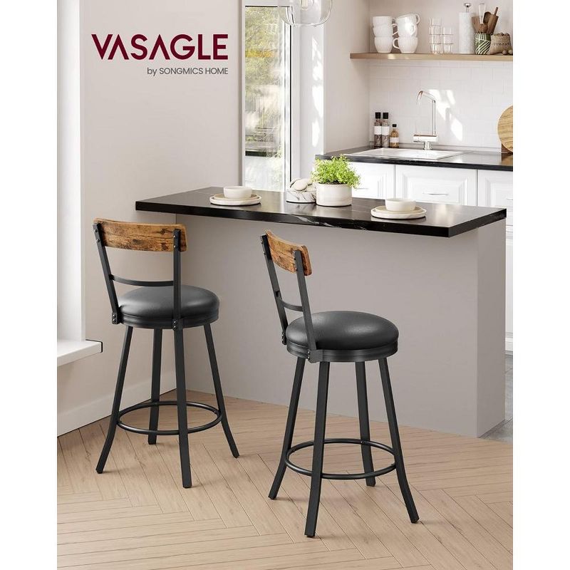 VASAGLE Swivel Bar Stools Counter Height, 25.8 Inch Barstools Chairs with Backs, Industrial Steel Frame, Black and Rustic Brown, 2 of 6