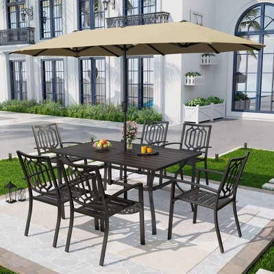 8pc Outdoor Dining Set with Metal Slat Top Table & Wrought Iron Chairs - Black/Beige - Captiva Designs