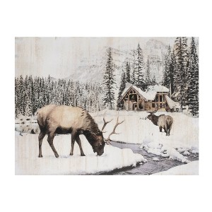 HomeRoots 14" X 19" Brown And White Wood Winter Reindeer Lodge Hanging Wall Decor - 1 of 4