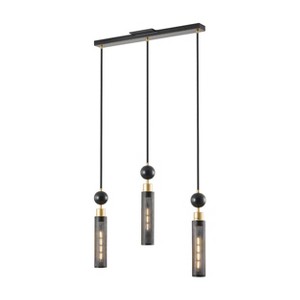 BAOURE 25in Black and Gold Linear Pendant Light with Cylindrical Mesh Shades, 3 Light Modern Chandelier for Dining Room Kitchen Island Living Room - 1 of 4