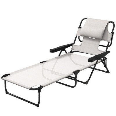 Cream White Mesh Fabric Reclining Outdoor Chaise Lounge Chair with Arms