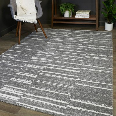 Gray and White Synthetic Stripe Rectangular Rug 5'3" x 7'
