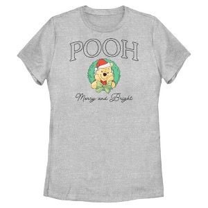 Womens Winnie the Pooh Merry and Bright Christmas Wreath T Shirt - 1 of 4