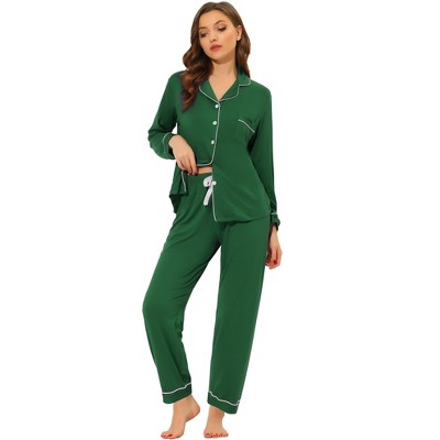 cheibear Women's Long Sleeves Button Down Top with Pants Lounge Pajamas Set