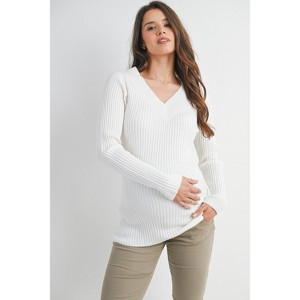 Hello Miz Women's Ribbed Knit V Neck Long Sleeve Maternity Sweater Top - 1 of 4
