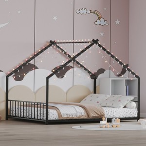 FONTOI Full Size Kid Bed Frame Beds, Floor Bed House Shape Iron Platform Bed with Fence for Bedroom Kid Room, Black, 78.5"*55.91"*58.4" - 1 of 4
