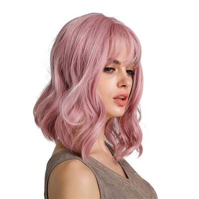 Jessie's Wig 14 Inch Shoulder Length Curly Wave Bangs With Wig Bob Non Lace Synthetic Hair Pink Color 1 Pc/Pack