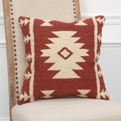 18" Maroon and Ivory Southwestern Wool Throw Pillow