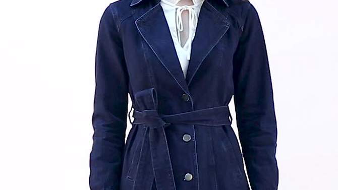 Allegra K Women's Notched Lapel Belted Trench Long Denim Jacket, 2 of 8, play video