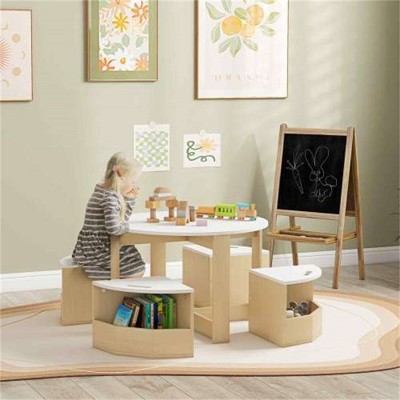 SKRAN 5-Piece Kids Table and Chairs Set with Storage for Art, Craft, Drawing, Playroom, Classroom, Nursery, White