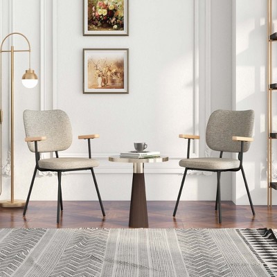 Set of 2 Gray Linen Upholstered Arm Chairs with Metal Legs