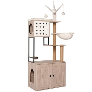 Multipet Cat Tree with Litter Box Enclosure, Cat Condo with Scratching Posts, Feeding Bowl & Removable Pompom Sticks - 1 of 4