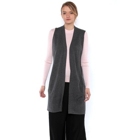 JENNIE LIU Womens 100% Pure Cashmere Sleeveless Cardigan Sweater Duster  Vest (1904, Charcoal, Medium )