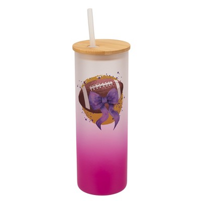 Elanze Designs 25 Ounce Frosted Glass Gradient Travel Tumbler With Straw and Wooden Lid, Football With Purple Bow Pink