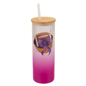 Elanze Designs 25 Ounce Frosted Glass Gradient Travel Tumbler With Straw and Wooden Lid, Football With Purple Bow Pink - 1 of 1