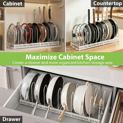 Garnen Pots and Pans Organizer Under Cabinet Kitchen Organizer, Expandable 11.8"-22.8" Adjustable Pan Rack Pot Lid Organizer Kitchen Storage, White — фото 5