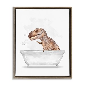 Stupell Industries T-Rex Dino in Bubble Bath Floating Frame Canvas Art, Brown, 25" x 31" - 1 of 4