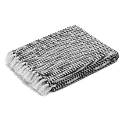 Black and White Herringbone Cotton Throw Blanket with Fringe