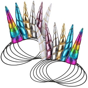 Blue Panda 12 Pack Unicorn Horn Headbands, Metallic Plush Horns for Girls Birthday Costumes - 1 of 4