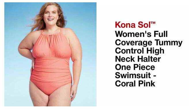 Women's Full Coverage Tummy Control High Neck Halter One Piece Swimsuit - Kona Sol™ Coral Pink, 2 of 5, play video