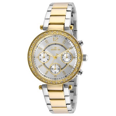 Invicta 20470 Women's Angel Crystal Accented Bezel Silver Dial Two Tone Yellow Gold Steel Watch
