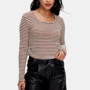 Knit & Lounge Women’s Scoop Neck Long Sleeve Fitted Rib Knit Striped Pullover Lightweight Everyday Top - 1 of 4