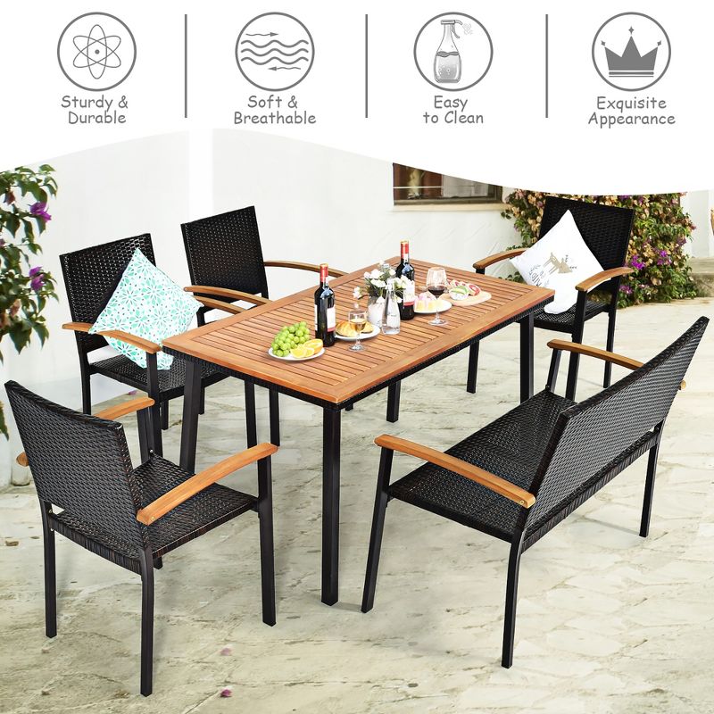 Costway 6 PCS Patio Rattan Dining Set Acacia Wood Table Stackable Chair Bench, 4 of 11