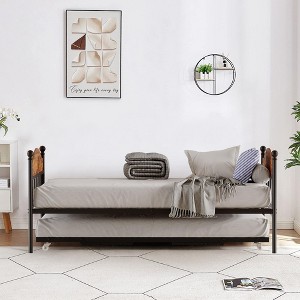 Daybed with Trundle, Metal Twin Bed Frame with Pop Up Foldable Trundle Bed, Sofa Bed Frame with Stylish Headboard - 1 of 4