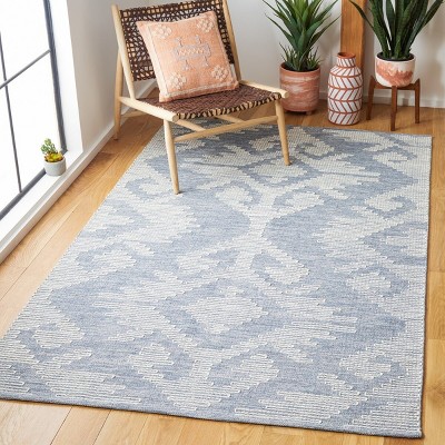 Handwoven Blue and Ivory Wool Cotton Southwestern Rug