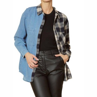Women's Denim & Plaid Top - entro