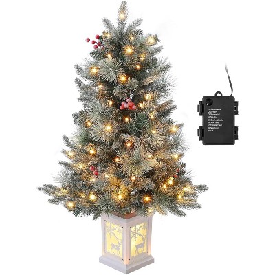 Artificial Christmas Tree Tabletop, Flocked Potted Christmas Tree with Berry Clusters, Battery Operated, for Front Door, Porch