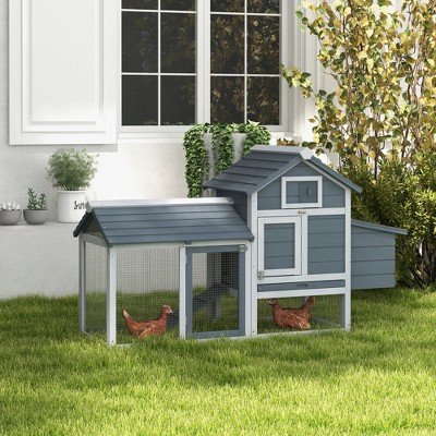 Gray Wooden Chicken Coop with Nesting Box and Removable Tray