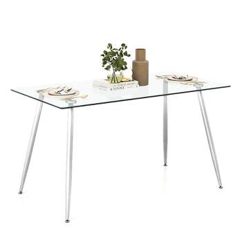 Tangkula Modern Glass Dining Table Rectangular Dining Room Table W/Metal Legs For Kitchen