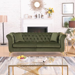 Standard Velvet Tufted Scroll-Arm Chesterfield Stanford Loveseat with Plush Multi-Density Foam Cushions, Premium Craftsmanship and Green Color - 1 of 4