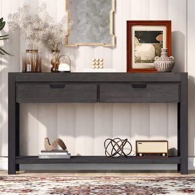 55" Console Table with 2 Drawers, Wooden Entryway Table with Open Storage Shelf, Narrow Sofa Table, Behind Couch Table for Living Room Hallway